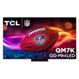 Open box TCL 75" QM7K Series 4K UHD HDR QD-mini LED Smart Google TV showing the screen and sleek black frame.