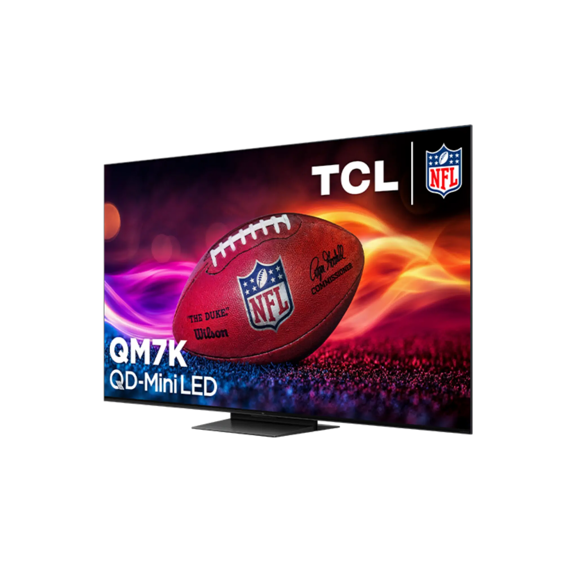 Open box TCL 75-inch QM7K Series 4K UHD HDR QD-mini LED Smart Google TV with remote and stand visible.