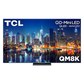 Open box TCL 65-inch QM8K Series 4K UHD HDR Mini-LED Smart Google TV displaying a vibrant home screen.