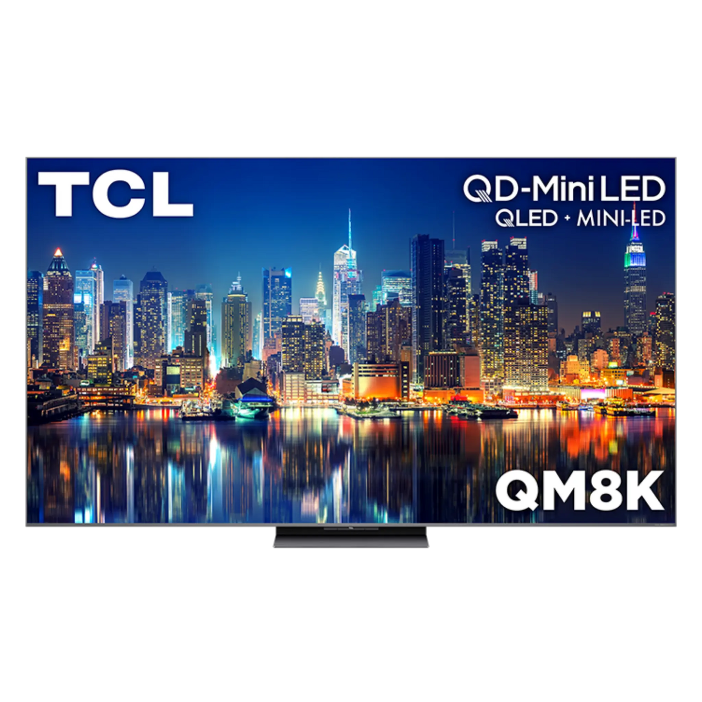 Open box TCL 65-inch QM8K Series 4K UHD HDR Mini-LED Smart Google TV displaying a vibrant home screen.