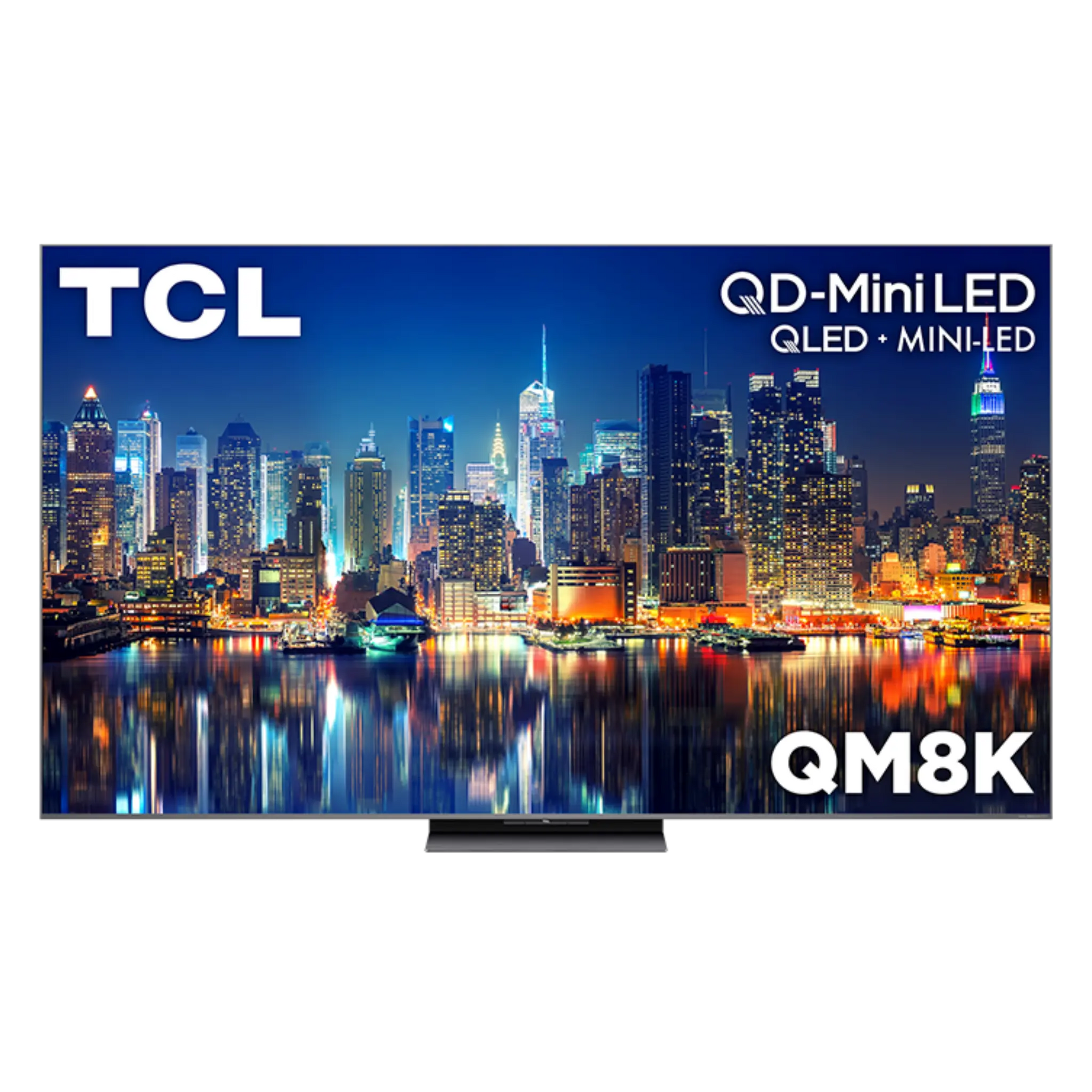 Open box TCL 65-inch QM8K Series 4K UHD HDR Mini-LED Smart Google TV displaying a vibrant home screen.