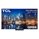 Open box TCL 65-inch QM8K Series 4K UHD HDR Mini-LED Smart Google TV displaying a vibrant home screen.
