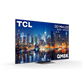 Open box TCL 65-inch QM8K Series 4K UHD HDR Mini-LED Smart Google TV showing screen display and sleek black design.