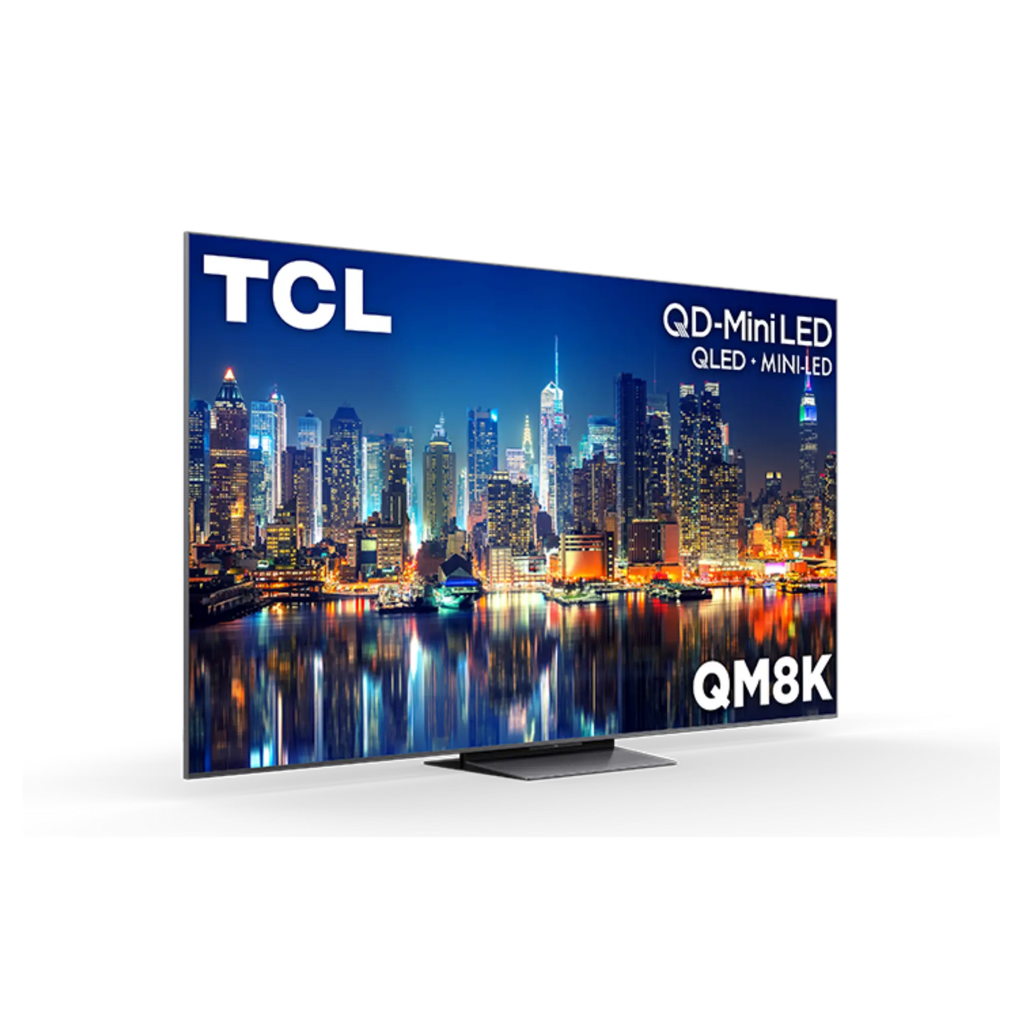 Open box TCL 65-inch QM8K Series 4K UHD HDR Mini-LED Smart Google TV showing screen display and sleek black design.