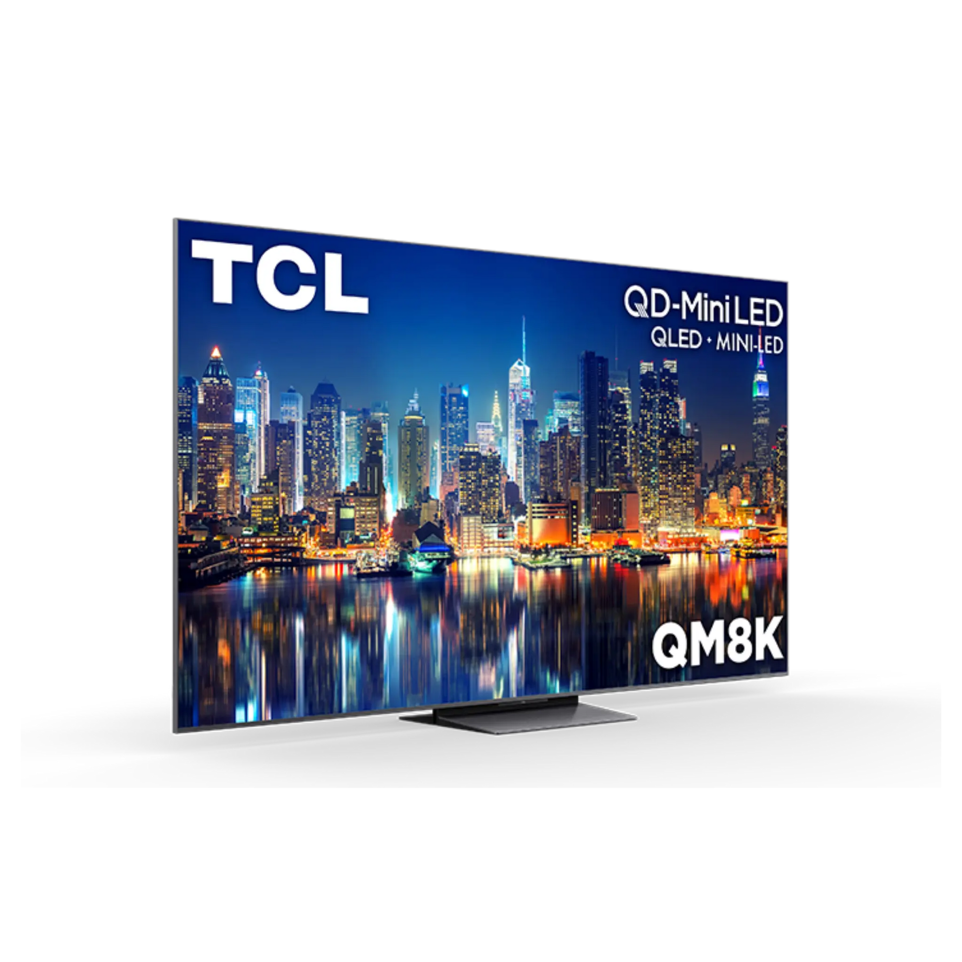 Open box TCL 65-inch QM8K Series 4K UHD HDR Mini-LED Smart Google TV showing screen display and sleek black design.
