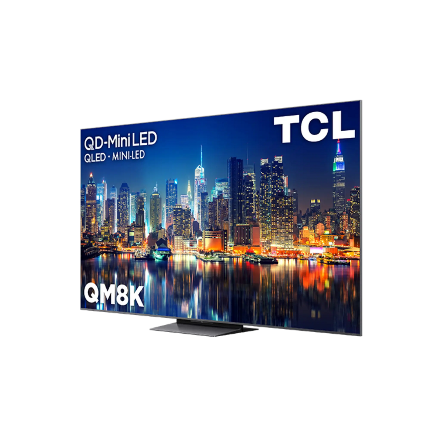 Open box TCL 65-inch QM8K Series 4K UHD HDR Mini-LED Smart Google TV displaying a vibrant home screen.