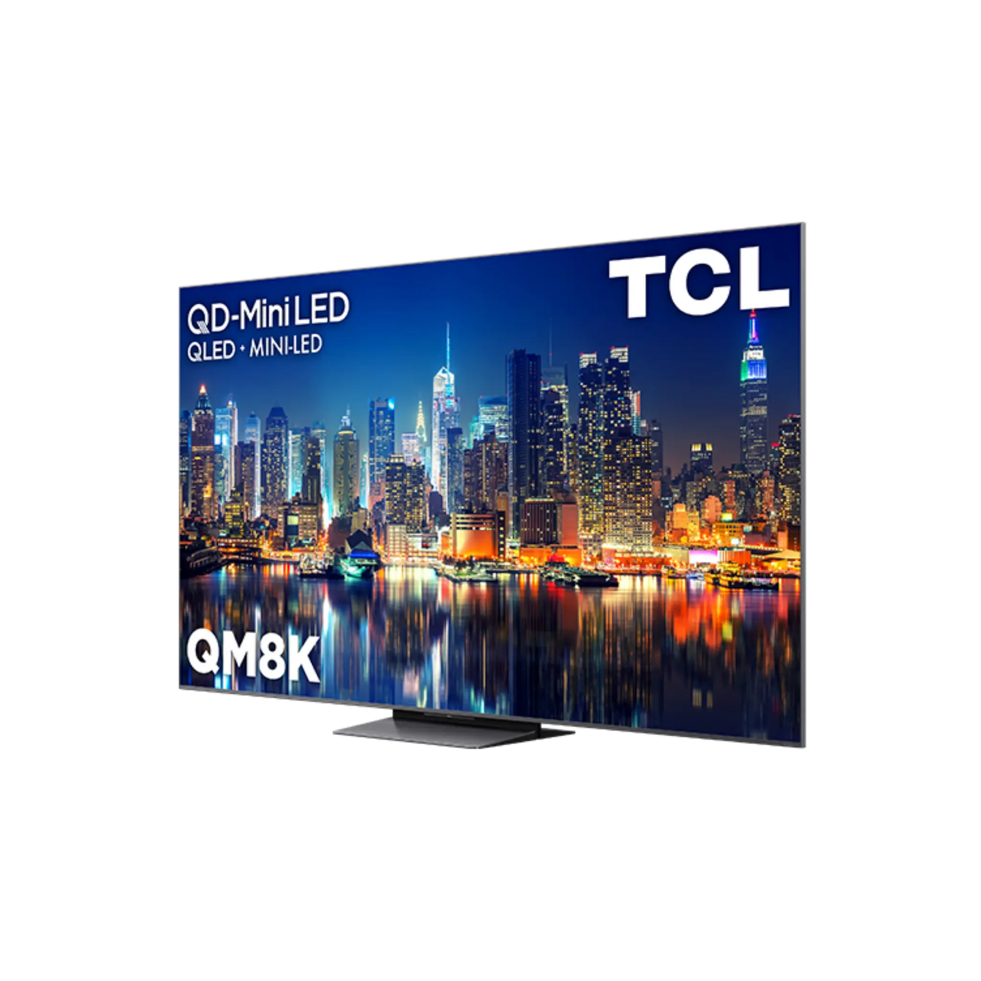 Open box TCL 65-inch QM8K Series 4K UHD HDR Mini-LED Smart Google TV displaying a vibrant home screen.