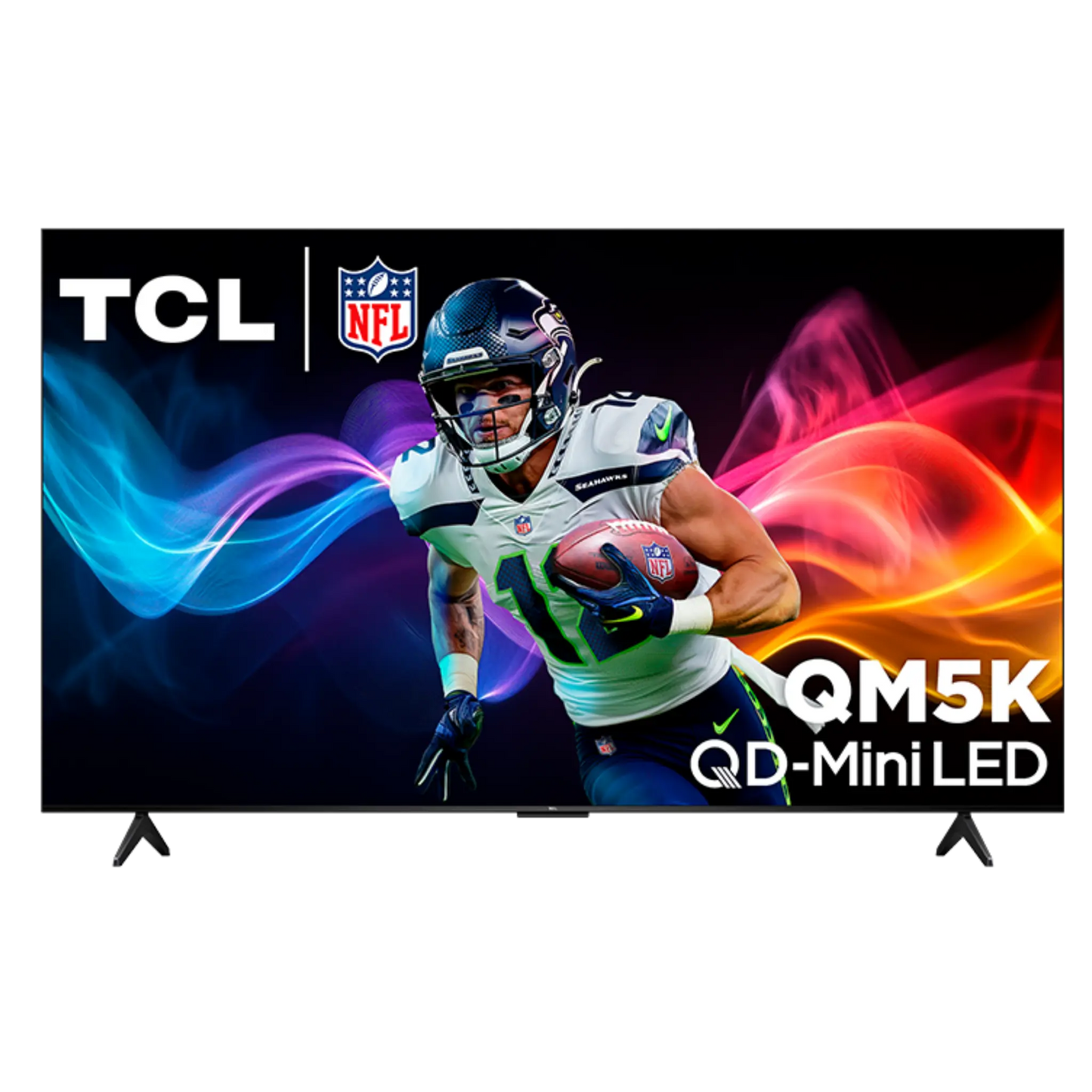 Open box TCL 75-inch QM5K Series 4K UHD HDR QD-Mini LED Smart Google TV, front view showing screen and sleek design.