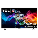 Open box TCL 75-inch QM5K Series 4K UHD HDR QD-Mini LED Smart Google TV, front view showing screen and sleek design.