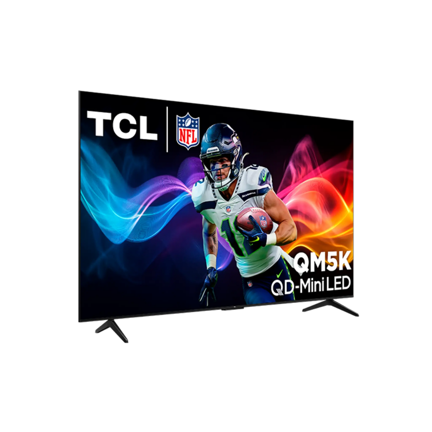 Open box TCL 75-inch QM5K Series 4K UHD HDR QD-Mini LED Smart Google TV displaying screen content and sleek black bezel.