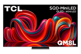 Open box TCL 75-inch QM8L Series 4K UHD HDR Mini LED Smart TV with Dolby Vision, Atmos, and Google TV interface.