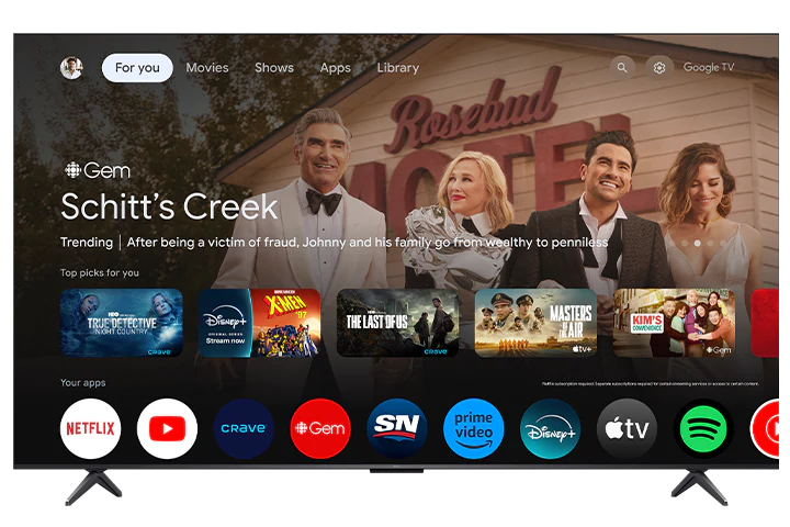Open box TCL 85-inch QM6K Series 4K UHD HDR QD-Mini LED Smart Google TV showing screen and sleek black frame.