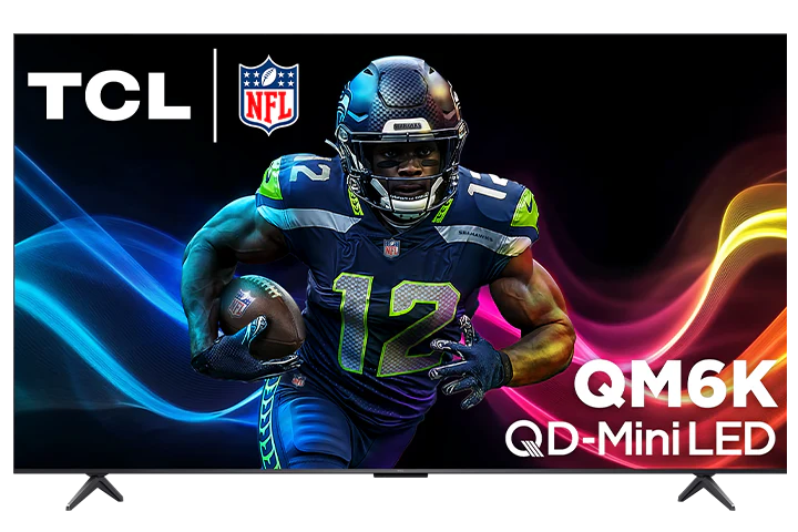 Open box TCL 85-inch QM6K Series 4K UHD HDR QD-Mini LED Smart Google TV displaying a vibrant home screen.