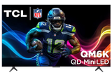 Open box TCL 85-inch QM6K Series 4K UHD HDR QD-Mini LED Smart Google TV displaying a vibrant home screen.