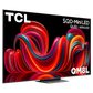 Open box TCL 85-inch QM8L Series 4K UHD HDR Mini LED Smart TV with Dolby Vision, Atmos, and Google TV interface.