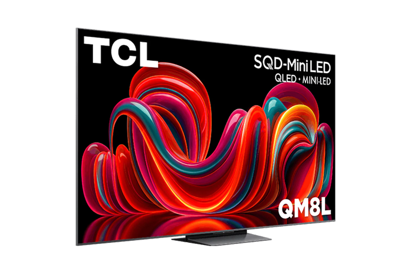 Open box TCL 85-inch QM8L Series 4K UHD HDR Mini LED Smart TV with Dolby Vision, Atmos, and Google TV interface.