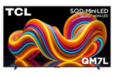 Open box TCL 98-inch QM7L Series 4K UHD Dolby Vision HDR Mini LED Smart TV with Dolby Atmos and Google TV interface.