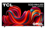 Open box TCL 98-inch QM8L Series 4K UHD HDR Mini LED Smart TV with Dolby Vision, Atmos, and Google TV interface.